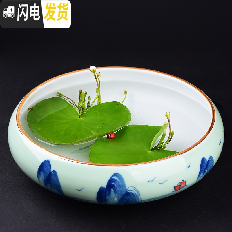 三维工匠简约大号水培花盆创意陶瓷多肉拼盘水养水仙铜钱一叶莲盆栽盆器 [哥窑16-蓝色中号] 大花盆容器