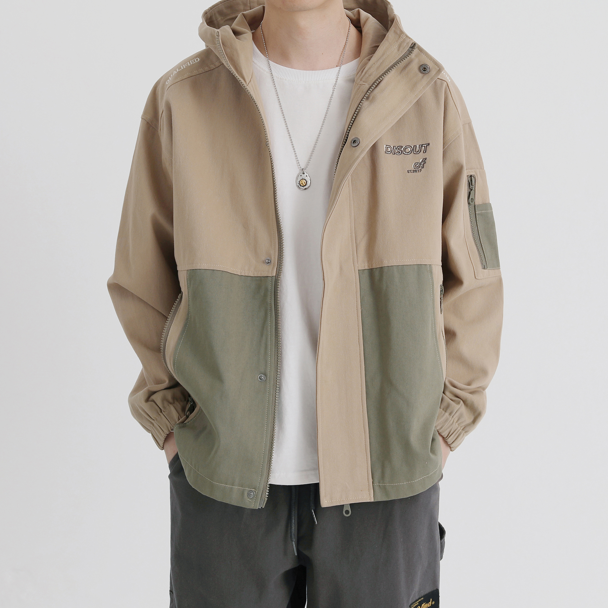 yuansu写意秋季秋季新款日系复古拼色工装风外套男装休闲文艺宽松风衣