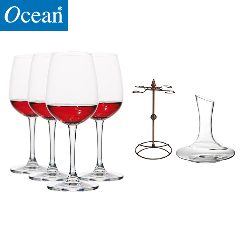 Ocean进口无铅玻璃冷切口红酒杯315ML4只配1500ML醒酒器配酒杯架套装高清大图