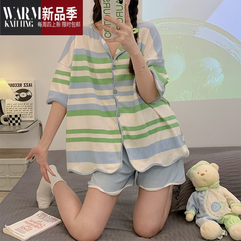 SHANCHAO简约条纹睡衣女舒适高级感2023年夏季外穿新款短袖家居服套装