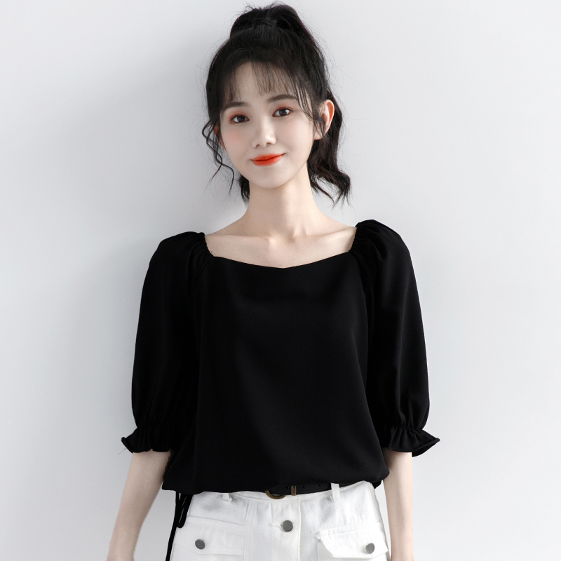 2021新款法式泡泡袖露锁骨方领短款上衣女夏简约百搭显瘦黑色短袖 黑色 S