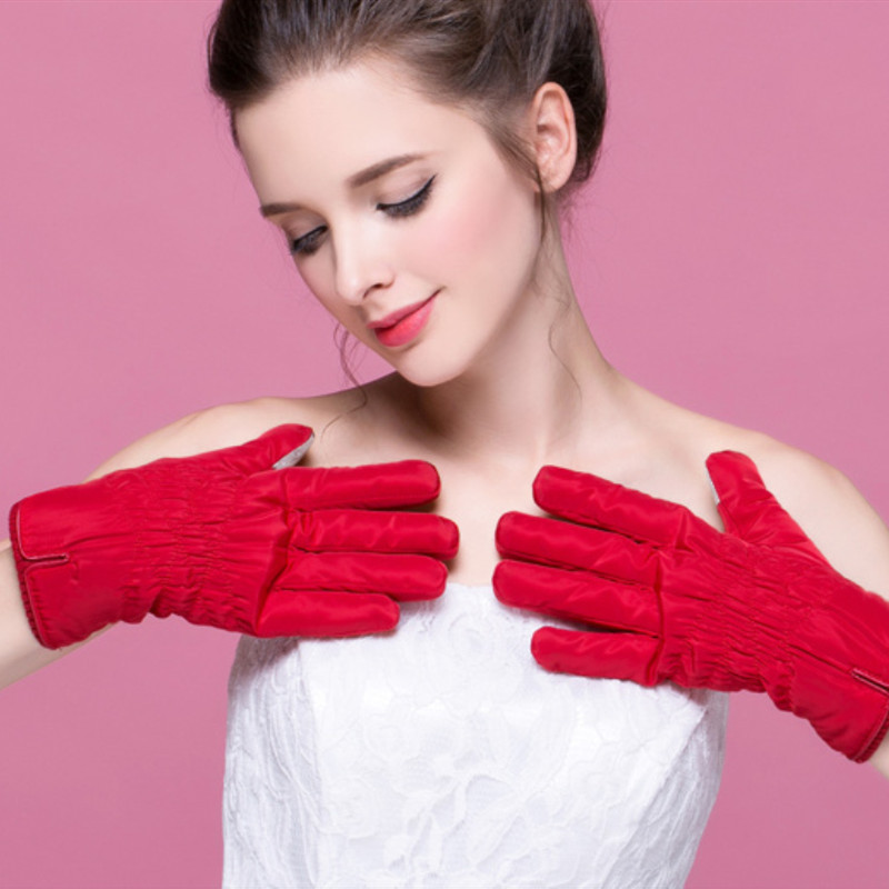 女士秋冬款棉手套防风羽绒棉触屏分指布手套骑车防寒保暖加绒加厚