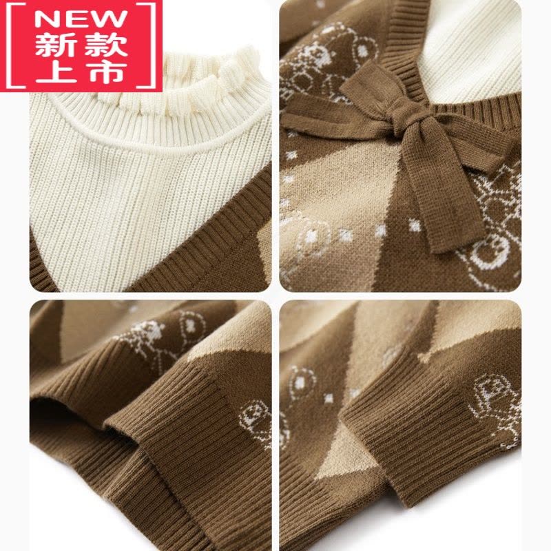可莉允mini小鸟女童菱格小熊中领毛衣秋冬拼接假两件花边领毛衫图片