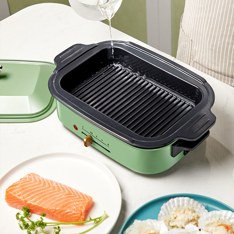 北美电器（ACA）多功能料理锅AH-MP1200 家用多功能锅料理锅 电烧烤锅电火锅蒸锅家用电烤锅烤肉机 绿色标配