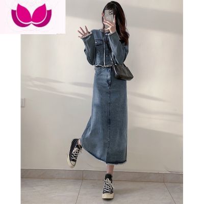 七斓2023春装新款款圆领短款牛仔外套+中长款开叉半身裙套装女 复古蓝 S
