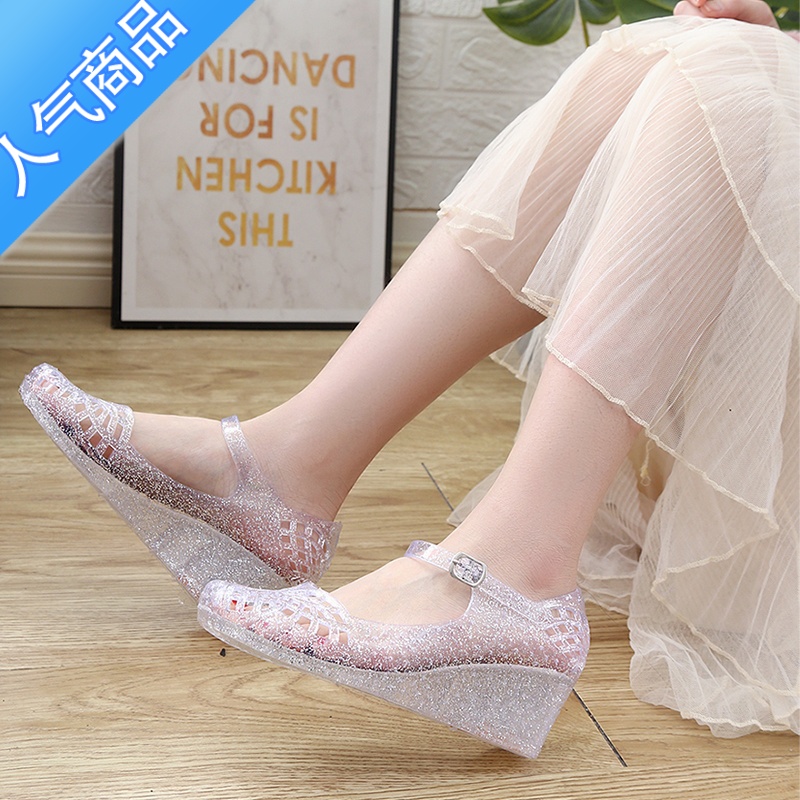 SUNTEK凉鞋女一字扣新款夏季水晶坡跟沙滩鞋外穿镂空果冻雨鞋洞洞鞋舒适高清大图