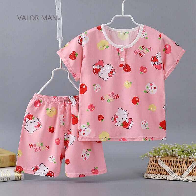 人造棉宝宝衣服夏儿童棉绸睡衣薄款短袖4男童女童绵绸套装16岁