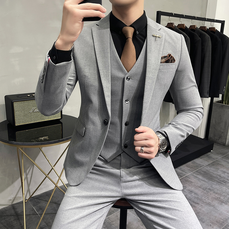 孟康mengkang休闲大码男装纯色西服套装男士三件套修身帅气新郎结婚