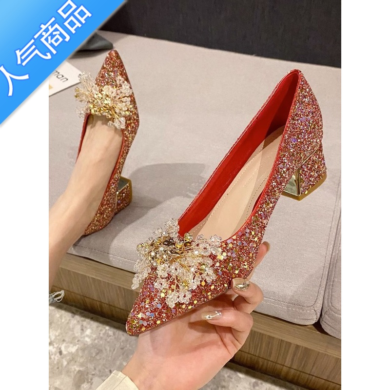 SUNTEK红色婚鞋女婚纱秀禾两穿新娘鞋2023年新款法式水晶高跟鞋粗跟单鞋