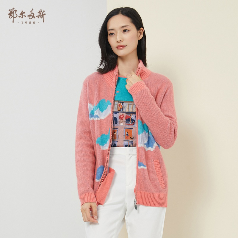 鄂尔多斯198020早春半高领纯羊绒外套开衫夹克C205B2201