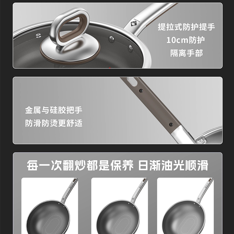康巴赫真钛0涂层平底锅不粘锅牛排家用316L不锈钢煎锅高清大图