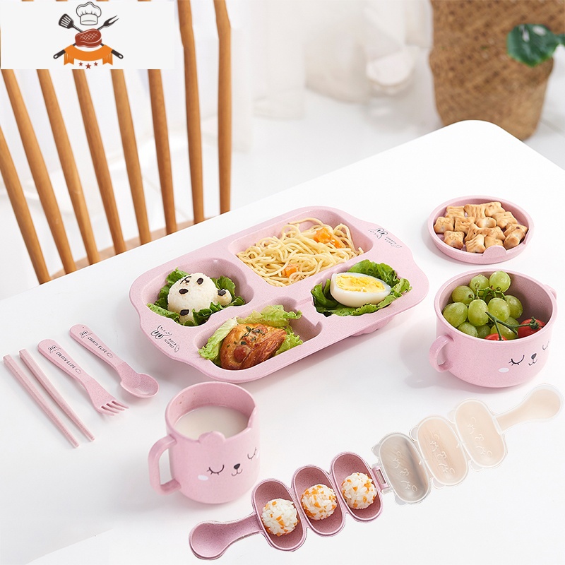 卡通儿童餐具套装分隔餐盘家用早餐盘子宝宝幼稚园分格盘饭团模具 飞机款4格8件套 北欧蓝 敬平高清大图
