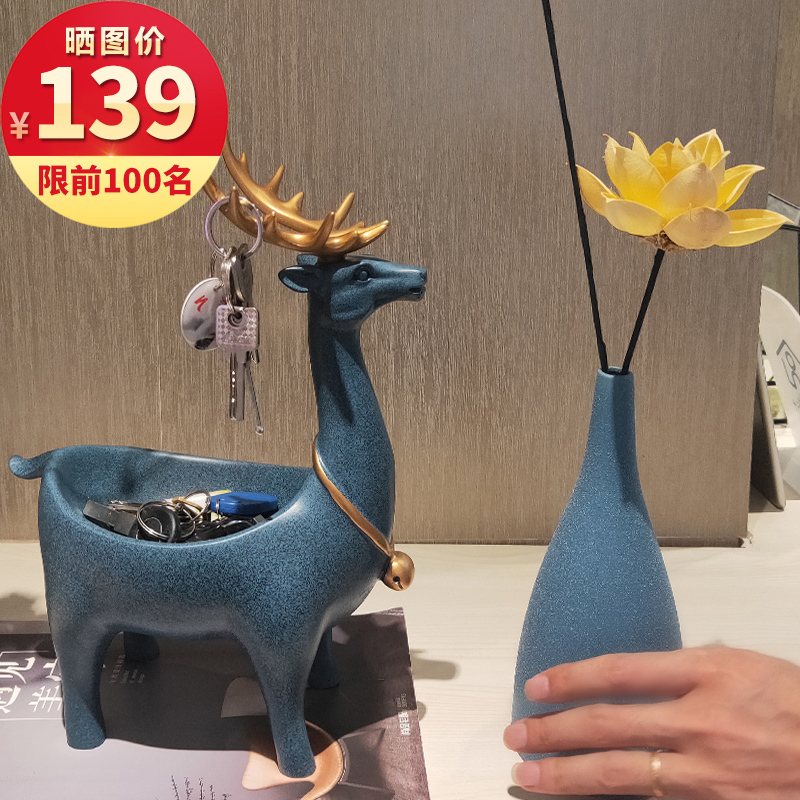 玄关陶瓷小花瓶新中式禅意客厅干花装饰摆件家居饰品餐桌插花瓷器 三维工匠 浅灰A款大号+手工干花