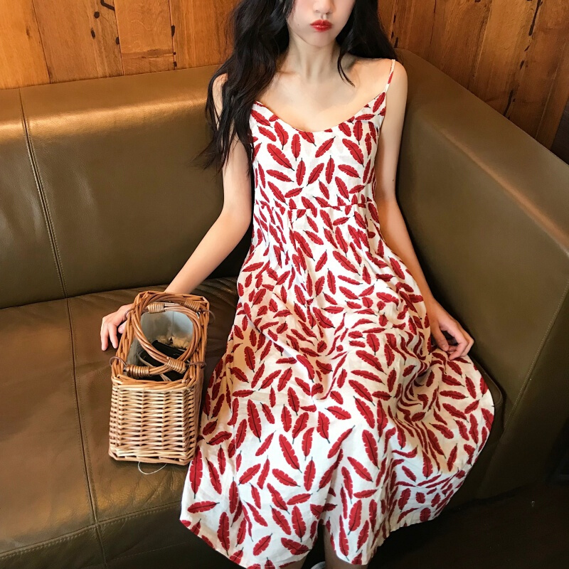 港味复古气质羽毛印花连衣裙V领带裙配丝带女夏红色均码