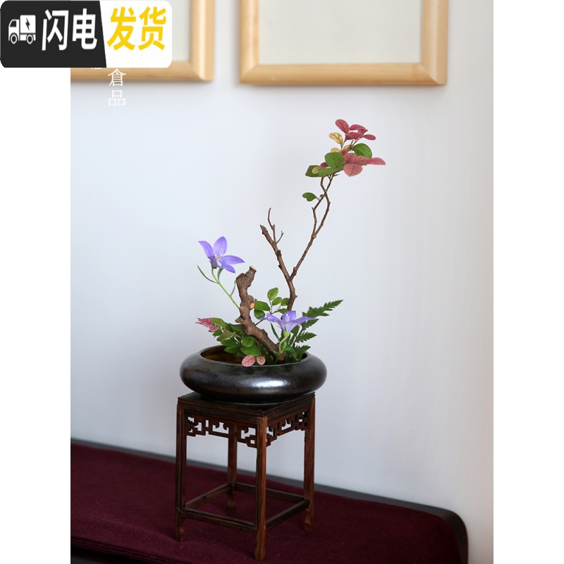 三维工匠鲜花插花陶瓷小花器禅意中式插花器皿日式剑山插花器花盆套装家用 小盅小器芝麻白送3.4cm剑山 小花盆容器