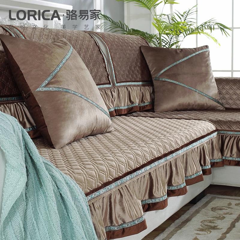 家柏饰(CORATED)毛绒沙发垫四季通用皮沙发防滑坐垫子简约现代时尚沙发套罩 暖熙-松绿 80*160cm+花边高清大图