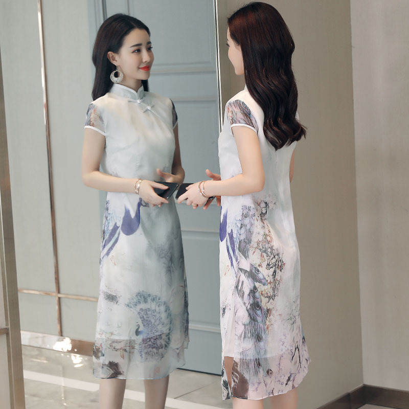 旗袍夏款女士新品女中国风雪纺印花中长款优雅日常改良旗袍连衣裙