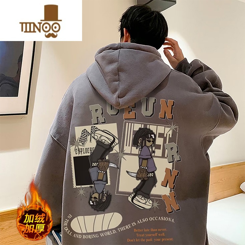 YANXU美式卡通卫衣男生加绒加厚潮牌连帽外套oversize上衣式高清大图