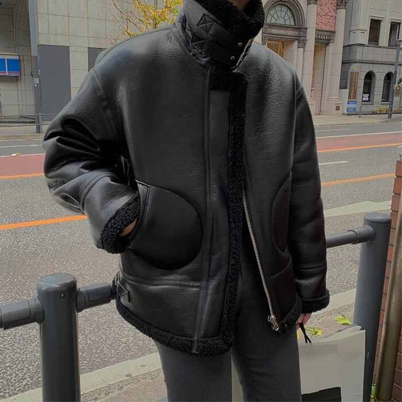 茜靓CHYLLIRN美式机车加厚咖啡色棉服冬季羊毛羔外套男加绒夹克冬装棉衣男