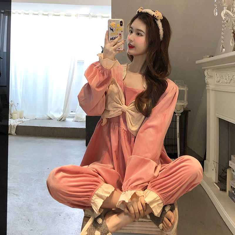 睡衣女装秋冬2020新款宫廷公主风蝴蝶结宽松可外穿家居服 两件套