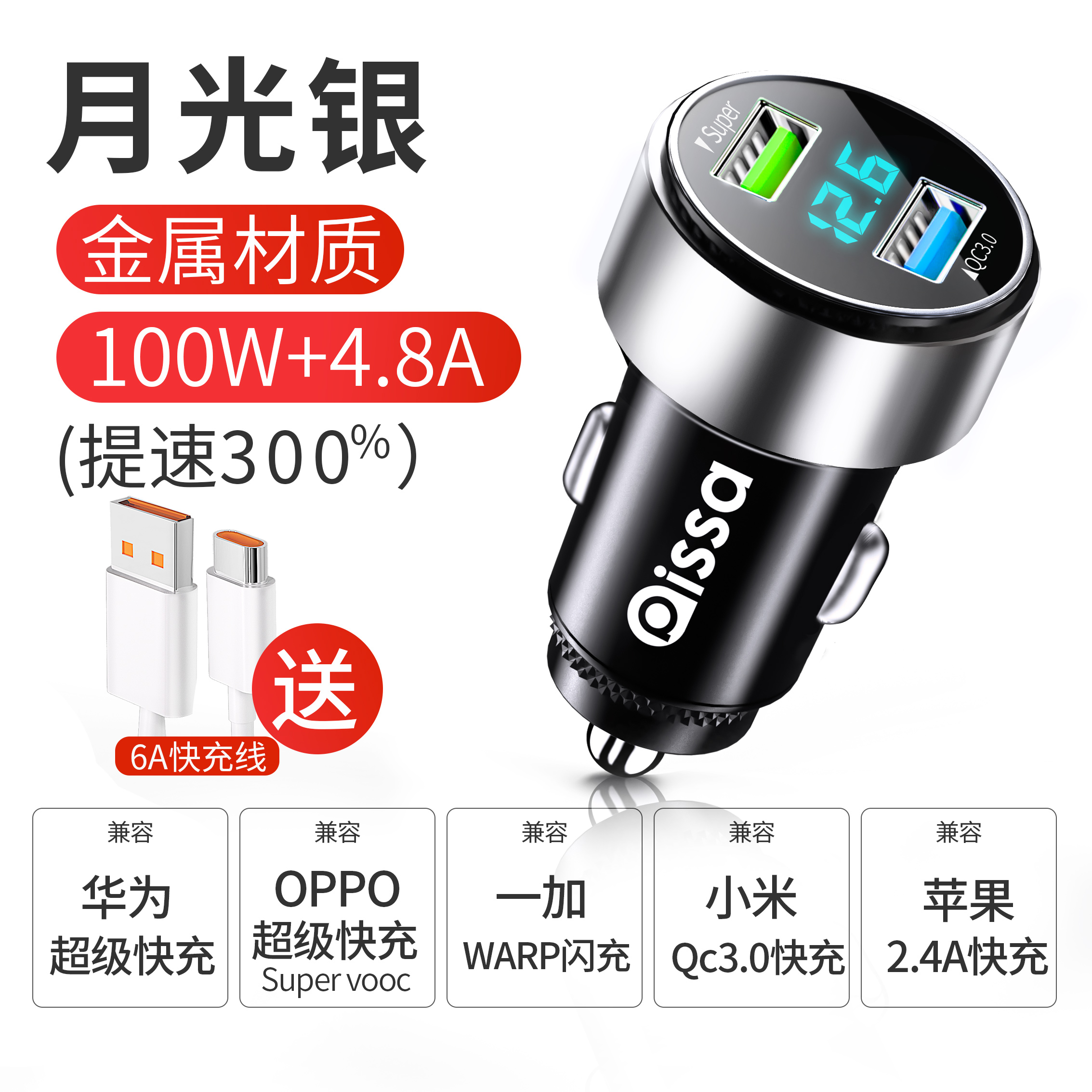 【补贴10%】车载充电器手机超级快充头车充点烟器转换插头转接头usb线汽车用 【100w超级快充-带数显】安卓全兼容（提速300%）+送6