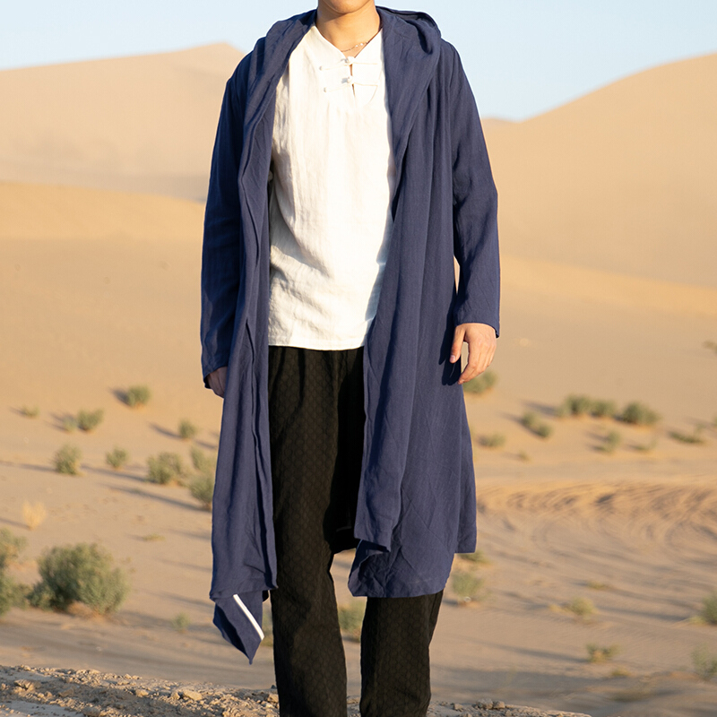 梵克公牛道袍中国风男青年中长款大码改良连帽披风衣长衫