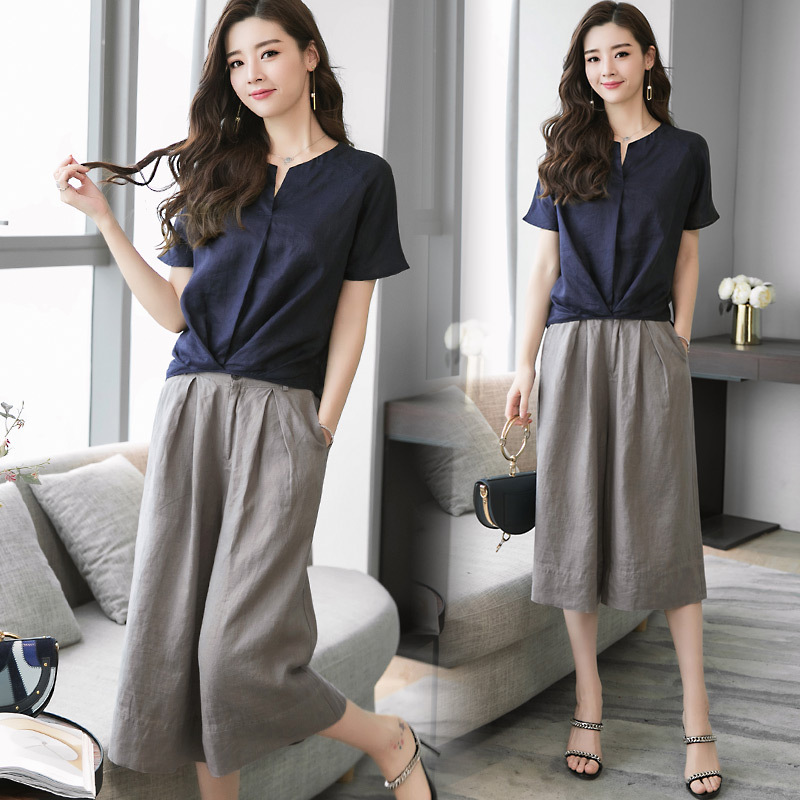 女士夏款新品棉麻套装女士韩版休闲时尚宽松舒适阔腿裤亚麻两