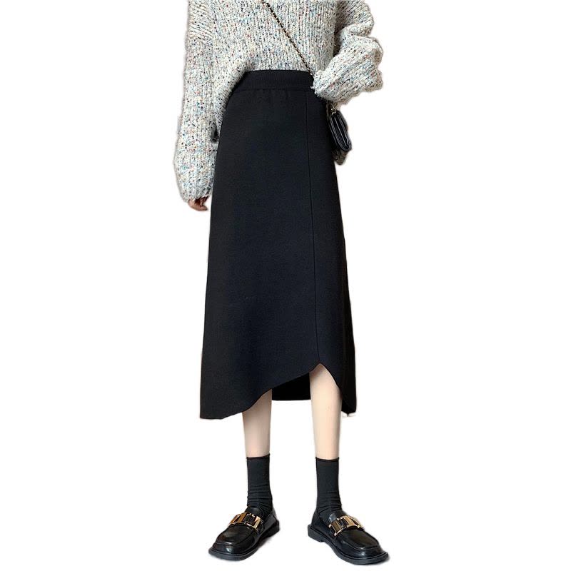 述雅半身裙春秋女新款高腰显瘦不规则a字中长裙纯色百搭针织裙子韩版图片