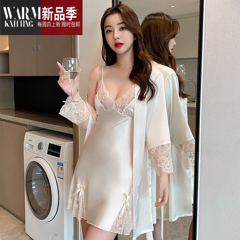 SHANCHAO性感睡衣女新品蕾丝吊带宽松薄款花边睡裙夏季冰丝睡衣裙套装