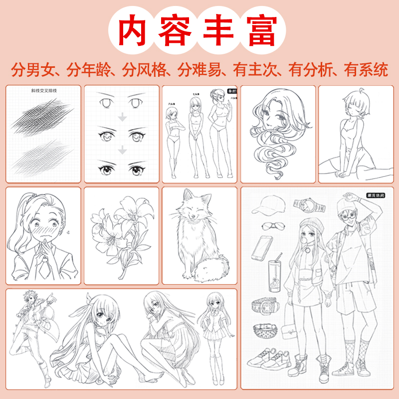 [正版]漫画自学 动漫临摹练习本 动漫绘画教程书 漫画描摹本 描红填色 赠视频教程 ipad漫画 手绘插画 哒哒猫 飞高清大图