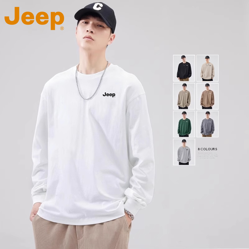 JEEP吉普白色纯棉长袖T恤男士夏季2025新款重磅宽松百搭打底2棉高清大图