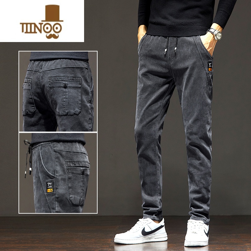 YANXU加绒加厚男士牛仔裤修身小脚款冬季直筒休闲保暖学生裤子男款高清大图