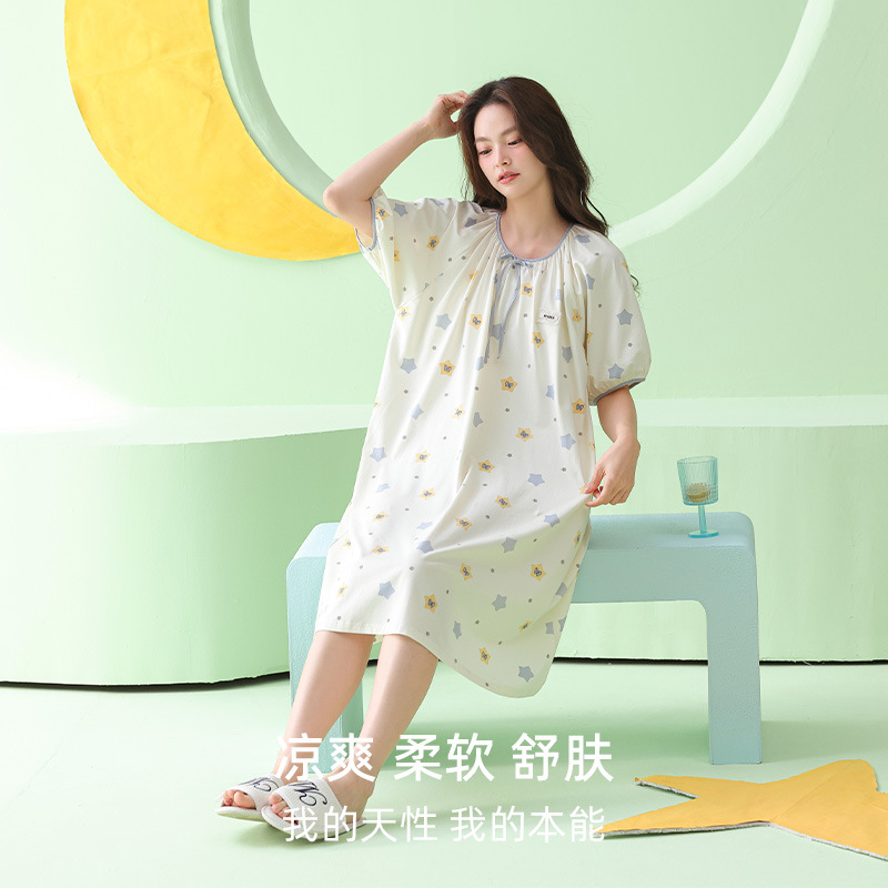 米奇喵[超柔软]莫代尔a类星星印花睡裙女夏宽松圆领短袖透气减龄居家 星星印花睡裙 尺码备注高清大图