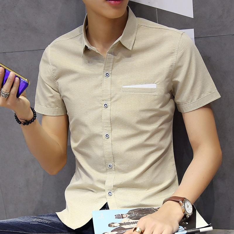 夏季新款男士短袖衬衫韩版潮流修身青少年纯色短袖衬衣男心机潮