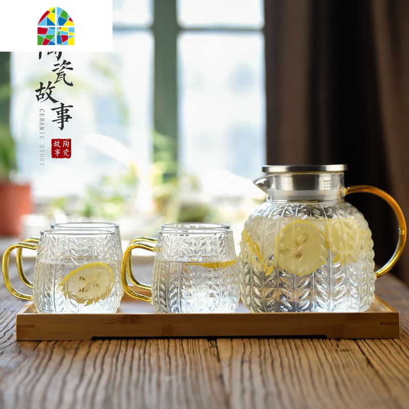 冷水壶玻璃可高温北欧创意凉开水杯套装扎壶大容量凉水壶 FENGHOU 秋泉壶1300ml+冰晶杯*2高清大图