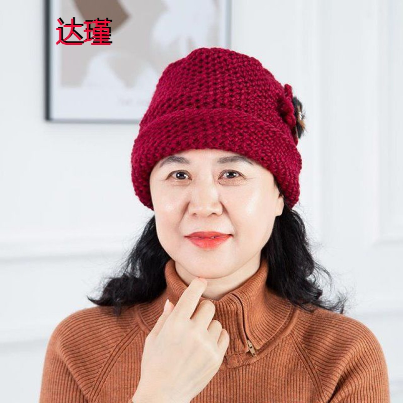 老人帽子女冬季新款针织加绒加厚妈妈帽中老年奶奶保暖套头毛线帽