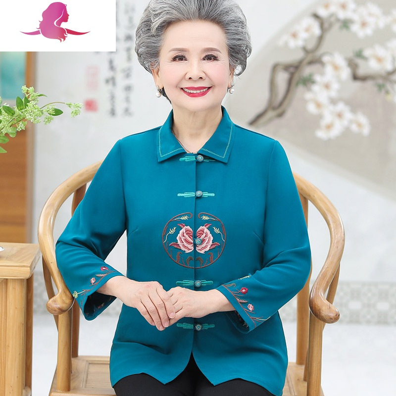 艳如飞中老年人女春夏装衬衫薄奶奶春装长袖套装老人衣服妈妈上衣老