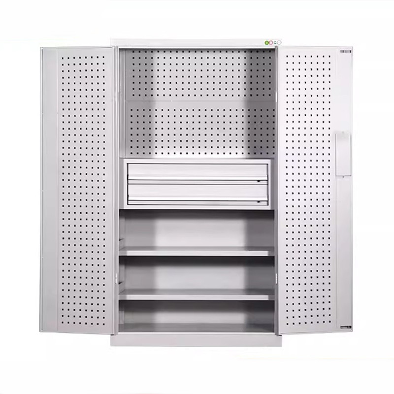 迅迈 带挂板内二抽灰白色加厚版 重型多功能工具柜车间双开门钢制柜工具五金收纳整理储物柜