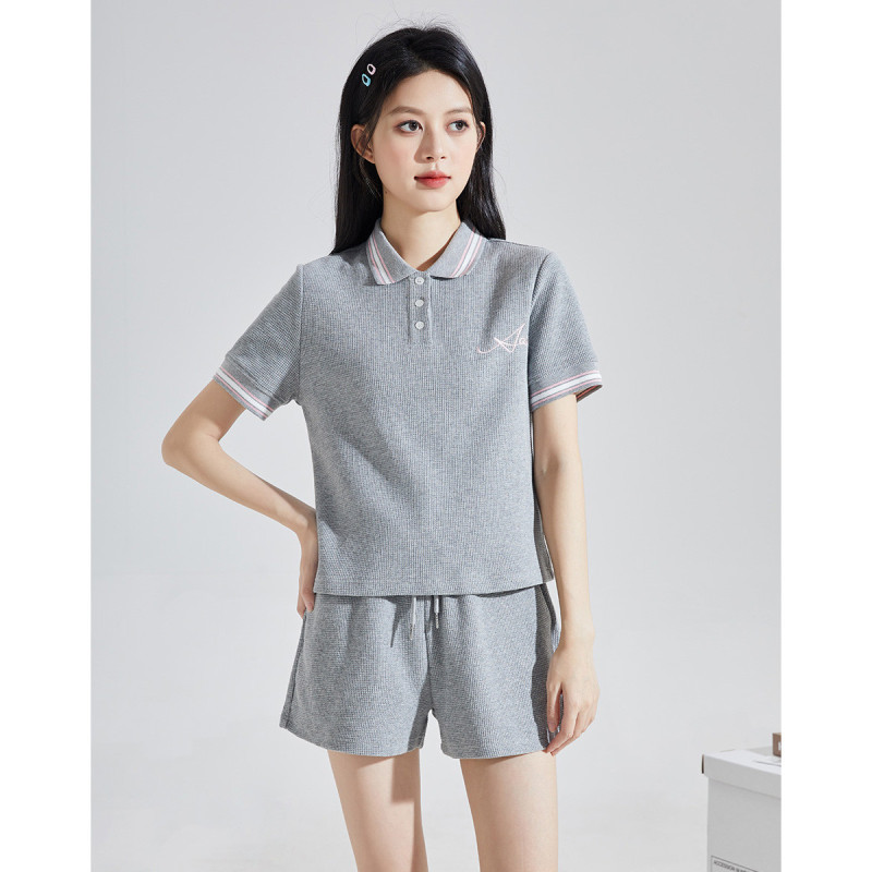 2024夏季女华夫格左胸刺绣图案短袖Polo短裤套装减龄韩系_63262 统一颜色 S