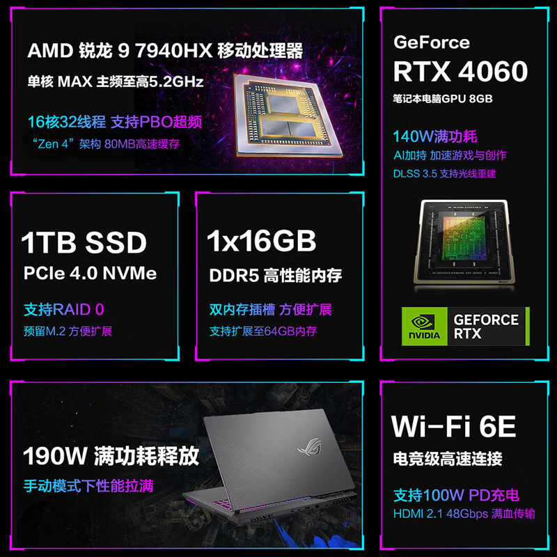 华硕 玩家国度 ROG魔霸7 Plus 17.3英寸锐龙9游戏本笔记本电脑 定制(R9 7945HX 液金导热 64G 1T RTX4060 2.5K 240Hz P3广色域)