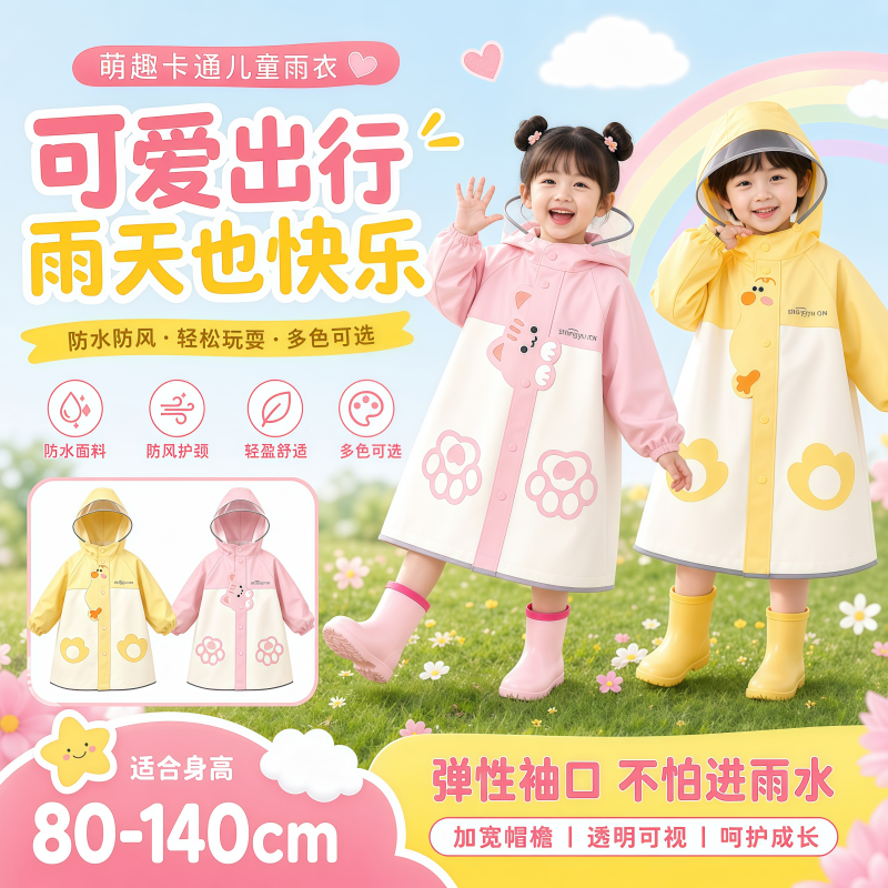 正雨儿童雨衣宝宝男孩女孩小学生上学一年级新款防暴雨披带书包位9063高清大图