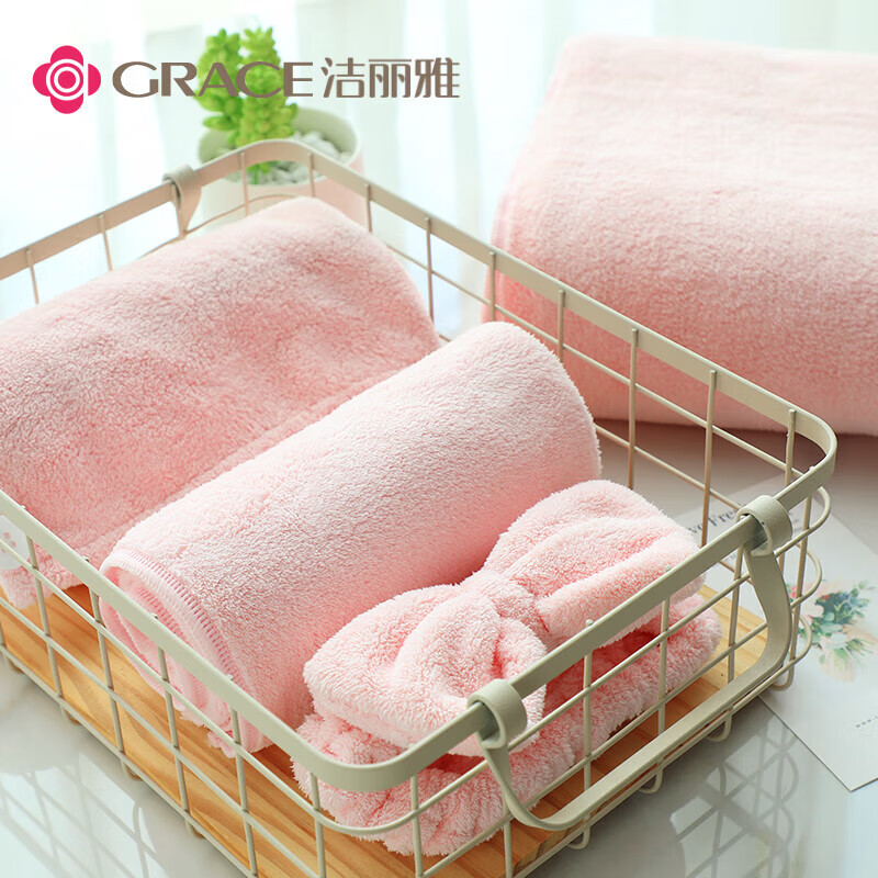 洁丽雅 毛巾浴巾干发帽束发带 四件套*1 家用成人吸水裹巾 颜色随机