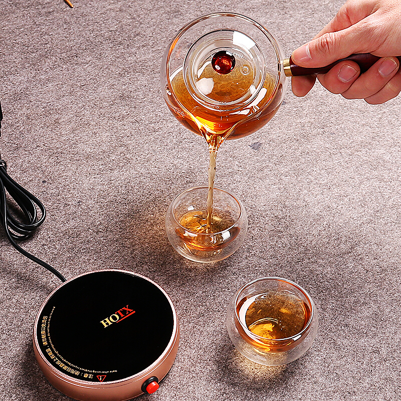尚帝 耐热玻璃煮茶壶温茶器侧把壶花梨木保温底座泡茶道泡茶壶