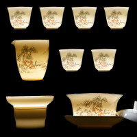 金镶玉功夫茶具套装茶壶茶杯陶羊脂玉白瓷整套家用礼品盒 描金山间流水