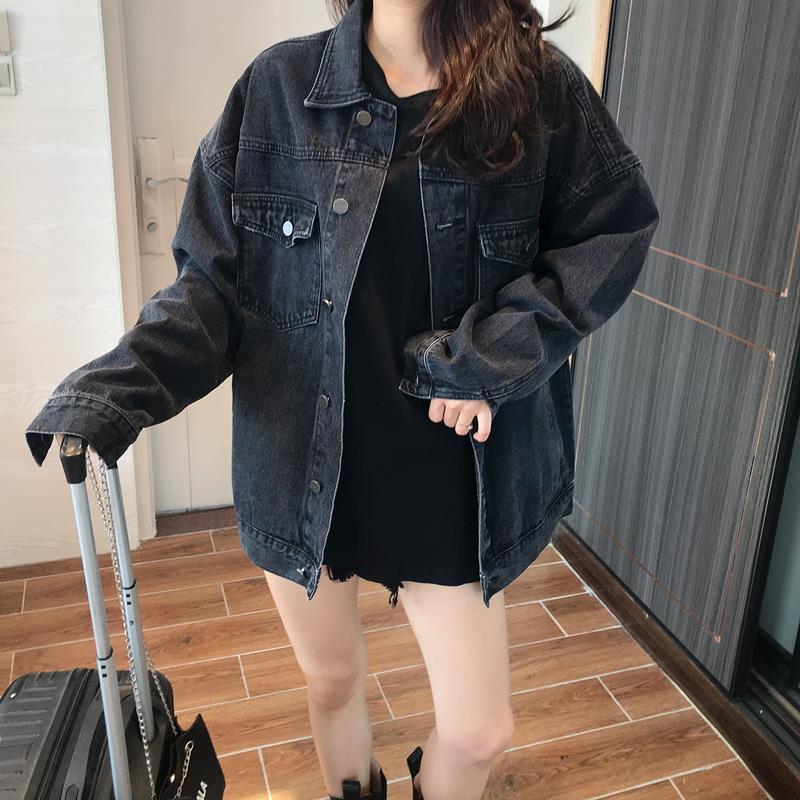 2021春秋新款牛仔外套女中长黑灰色宽松ins炸街bf港风工装夹克