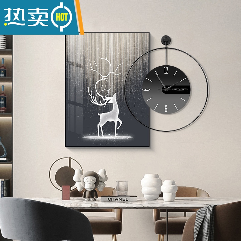 敬平轻奢餐厅装饰画吉象钟表挂画歺厅背景画饭厅挂画现代简约客厅壁画装饰画高清大图