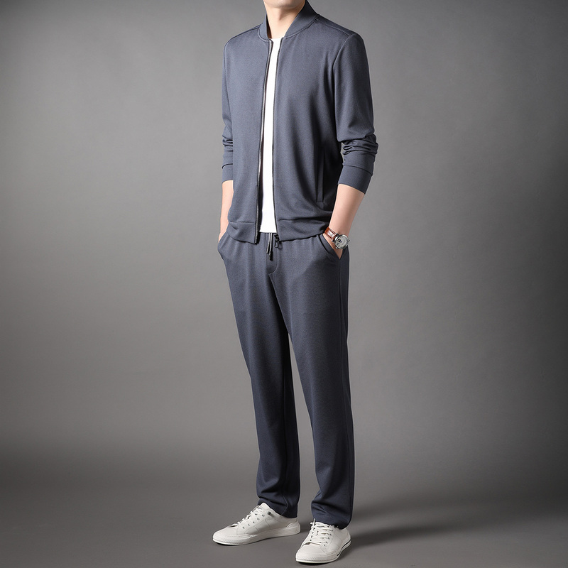 华夫格休闲套装男运动两件套春秋季棒球领长袖卫衣外套潮流长裤 中蓝色（两件套） 175/L