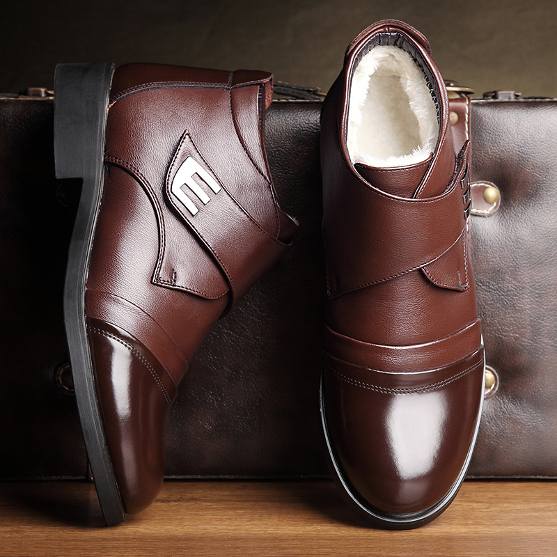 迪罗尼卡牛皮冬季高帮加绒羊毛棉靴子男短靴真皮软底商务棉皮鞋男雪地靴高清大图