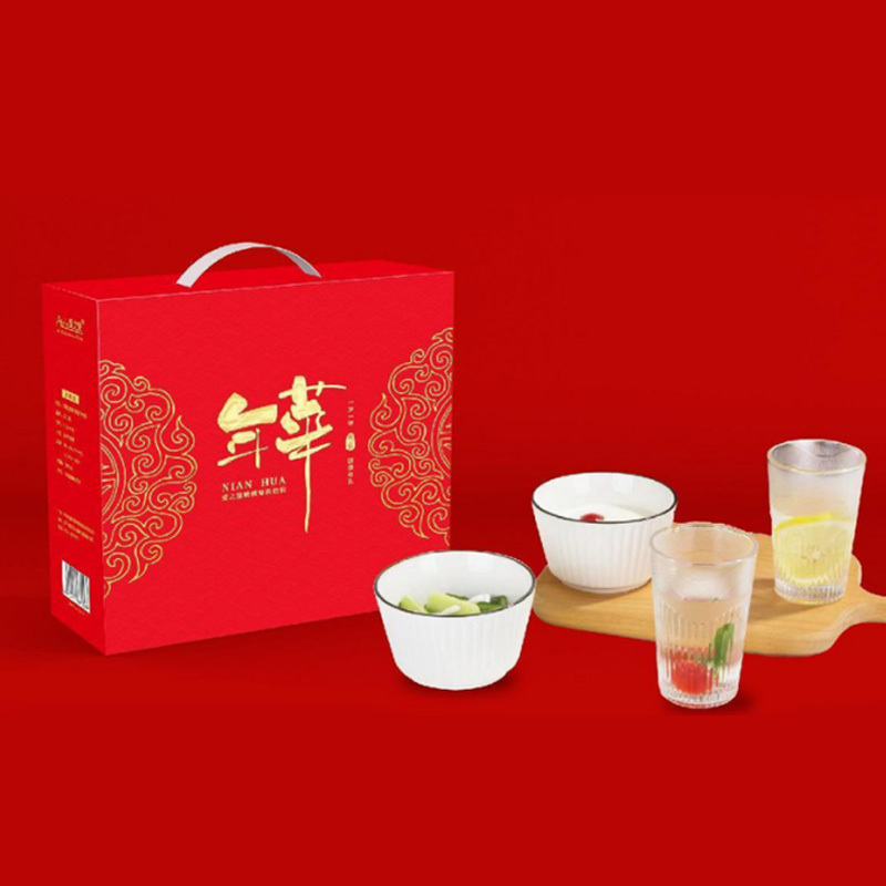 皖美之雅锦华简约玻璃杯陶瓷碗竖纹杯碗四件套