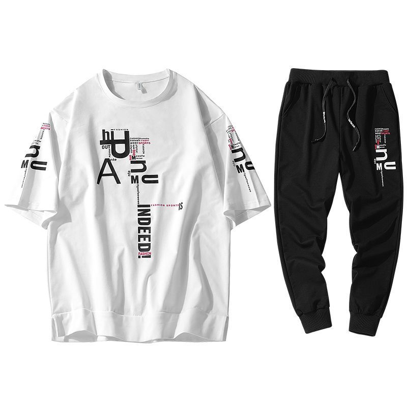 梵克公牛T恤男短袖套装夏天流时尚男装休闲宽松印花圆领卫衣套装牌嘻哈网红一套衣服帅气两件套